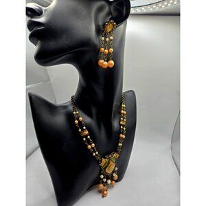 Vintage Enamel Brass Necklace & Earring Set  Rhinestone & Faux Pearl Dangles